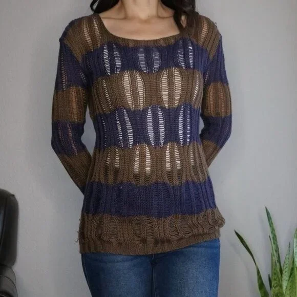 Lumiere Brown and Purple Pull Over Open Knit Sweater Size S - Picture 3 of 10